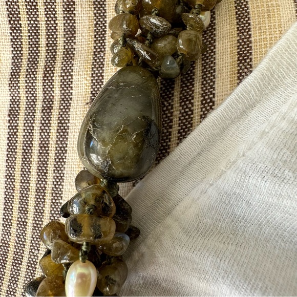 Jaden Labradorite Green Moss & Real Pearl Huge Multi-strand Necklace Heavy Duty - Picture 10 of 16